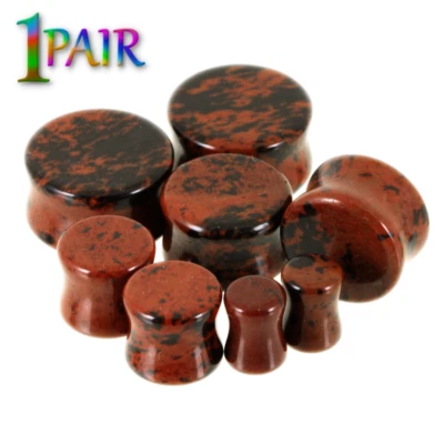 Par de tapones de piedra obsidiana caoba 8g-1" medidores de doble llamarada oreja orgánica 1488 Foto 1 de 2