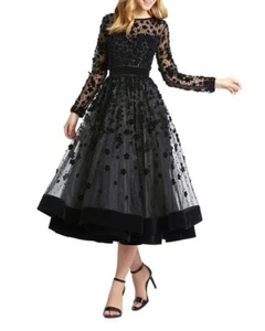 Mac Duggal Long-Sleeve Tea-Length Floral Applique Cocktail Dress Sz 4 - Picture 1 of 6