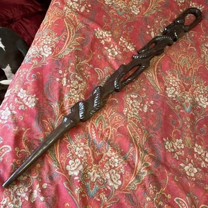 Vtg Hand Carved Solid Wood Wooden Faces Snakes Walking Stick Cane Polished Uniqu - Picture 1 of 12