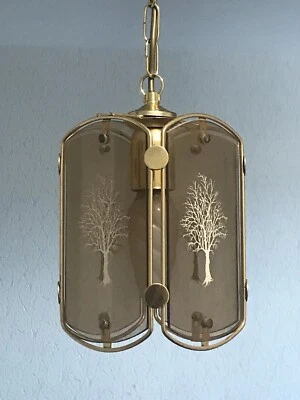 Lustre Suspension Plafonnier En Laiton Verres Fumés Lampe Luminaire Vintage - Photo 1/4