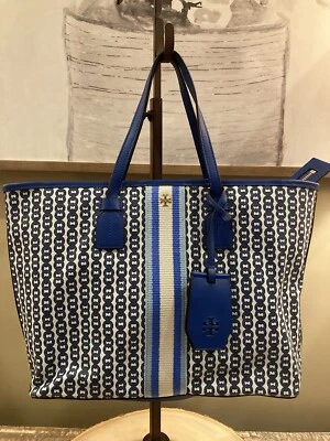 Bolso Bandolera Tory Burch Gemini Link Grande Lona Azul y Blanco Rayas Foto 1 de 4