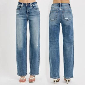 RISEN High Rise Distressed Wide Leg Baggy Jeans PW21125 - Picture 1 of 10