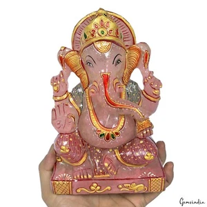 7,5" Rosenquarz handgefertigte Schnitzerei von Ganesh - handbemalte Lord Ganesha Statue - Bild 1 von 7