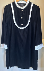ZARA women's black velvet dress with white ruffle trim and sequin buttons-L
