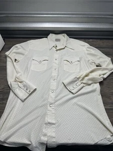 Vintage 70s H Bar C Western Shirt Pearl Snap Off White Pattern Men's Xl - Picture 1 of 8