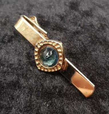 Vintage Gold Plated Blue Stone Mid Century 1970s Style Tie Bar Clip -  - Image 1 of 4