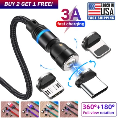 3 in 1 180°+360° Magnetic Fast Charger USB Cable Type C Micro USB For Apple LG - Image 1 of 4