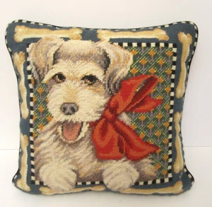 13" Needlepoint Schnauzer Pillow Terrier Puppy Dog Velvet Zip Back Clean - Picture 1 of 6