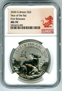 2020 GREAT BRITAIN 1 OZ SILVER 2PD NGC MS70 YEAR OF THE RAT FIRST RELEASES - Picture 1 of 2