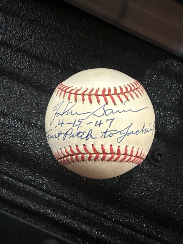 Johnny Sain AUTOGRAPHED Baseball w/ "First Pitch To Jackie Robinson 4-15-47" JSA - Image 1 of 2