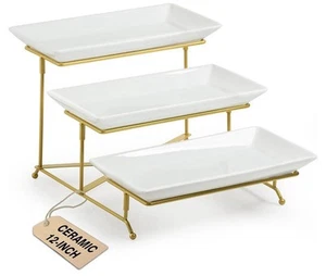 3-Tier Serving Stand Porcelain Platter Collapsible Gold Rack 12 Inch - Picture 1 of 1