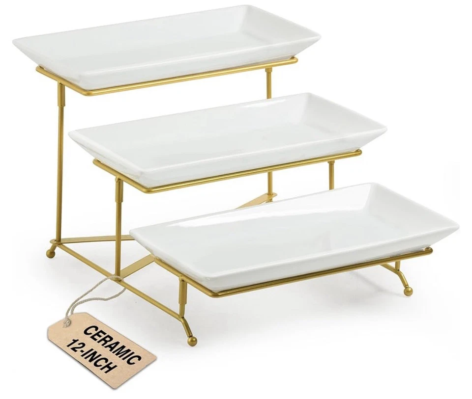 3-Tier Serving Stand Porcelain Platter Collapsible Gold Rack 12 Inch - Image 1 of 1