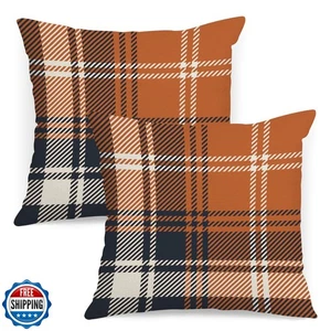 Fall Plaid Pillow Covers 18x18 Set of 2 Orange Black Beige Check Plaid Tartan - Picture 1 of 5