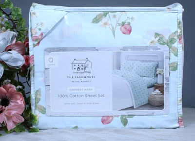 Rachel Ashwell Queen Sheets Set Floral Strawberries Shabby Chic Farmhouse Cotton - Image 1 of 4