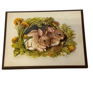 3D erhabene Papierkunst gerahmt Hase Kaninchen Blumen einzigartig selten Vintage 6"x8" - Bild 1 von 8