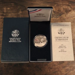 1991‑P US Korea War Veterans Commemorative Proof Silver Dollar · Box & COA - Picture 1 of 4
