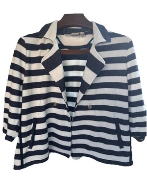 Chico's 3 XL White with Blue Striped Single Breasted One ButtonUp Blazer Gold - Image 1 of 4