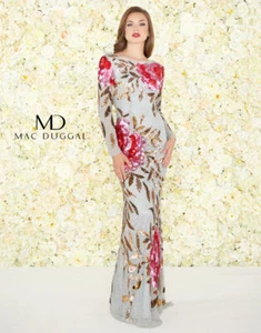 MAC DUGGAL 4566R Platinum Floral Sequin Beaded Draped Open Back Maxi Gown 12 🌹 - Picture 1 of 12