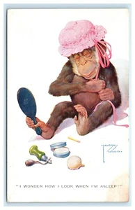 POSTKARTE Ich frage mich, wie ich aussehe, wenn ich schlafe Affe in rosa Hut mit Spiegel  - Bild 1 von 2