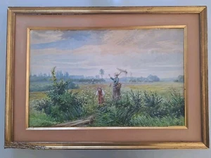 Peinture ancienne huile paysage impressionniste . Tableau encadré signé - Imagen 1 de 13