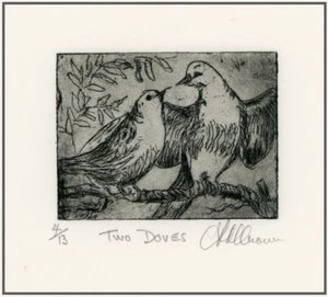 TWO LOVE DOVES IN LOVE Original BIRD SWEETHEARTS ETCHING Signed Numbered - Picture 1 of 1