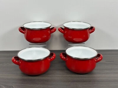 Set of 4 Smal Red Enamel Soup Bowls, Mini pots - Image 1 of 4