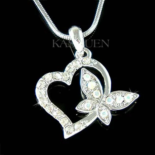 Trasparente Cuore Farfalla IN Swarovski Cristallo Love Amante Ciondolo Ragazza - Immagine 1 di 1