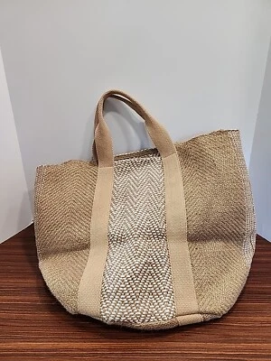 Chico’s Purse Tote Bag Beach Bag Large Tan White W Metallic Gold Thread - Image 1 of 4