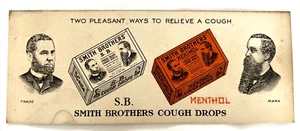Tarjeta coleccionable vintage SMITH BROTHERS gotas para la tos mentol borrador de tinta publicitaria - Imagen 1 de 3