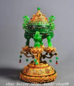 7"Qianlong Marked Copper 24 K Gold Emerald Green Jade Lion Incense Burner Censer - Picture 1 of 9