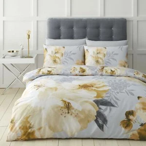 Catherine Lansfield Dramatic Floral Quilt Cover Duvet Bedding Set Ochre Grey - Picture 1 of 20