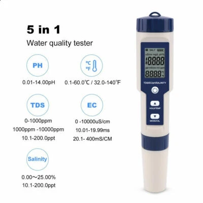 New 5In1 Digital Water Quality Tester Pen EC PH TDS Salinity Temp Meter Detector - Image 1 of 4