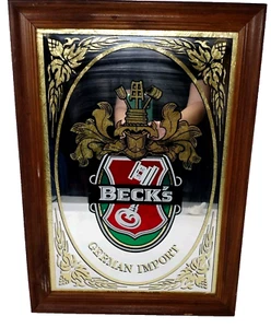 VTG Becks Beer Mirror Bar Pub Sign German Import Wood Framed Wall Decor 20x14 - Picture 1 of 14