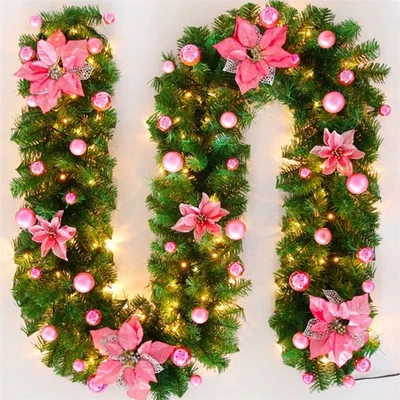 9ft Christmas Garland with Lights Bushy Pine Xmas Wreath Stairs Door Decoration