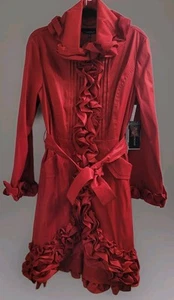 Samuel Dong Sz Medium Red Taffeta Ruffle Trench Coat Dress Removable Belt NEW - Picture 1 of 18