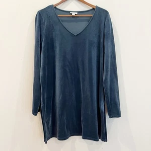 J Jill PureJill Top Womens Large Blue Teal Velour Velvet Tunic Side Slit V Neck - Picture 1 of 9