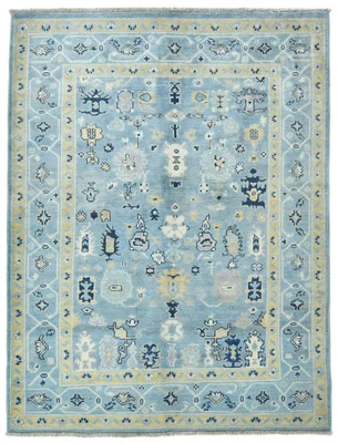 Blue Kazak Oushak Handmade Rug 4X5 ft Floral Modern Oriental Carpet Pakistan - Image 1 of 4