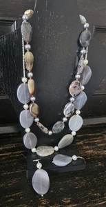 Handcrafted Necklaces Gray Agete / Glass Shell Pearl With Earings - Picture 1 of 7