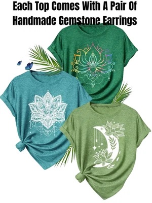 Women’s Lotus Floral Moon Print T-Shirt Boho Casual Top Yoga Green Blue 3 Design - Image 1 of 4