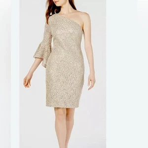 NWT Calvin Klein One shoulder Gold Sequin Dress size 12 - Picture 1 of 15