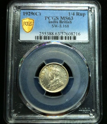 ¼ Rupee 1929*C* Calcutta Crowned Head of King George V India British MS63 PCGS - Image 1 of 4