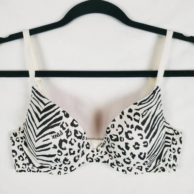 Sujetador push-up ROSA Victorias Secret 34B correas múltiples estampado animal blanco y negro Foto 1 de 4