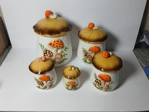 1978 Sears Roebuck Merry Mushroom Ceramic 5 Piece Kitchen Canister Set - Picture 1 of 14