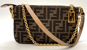 Fendi Baguette FF Brown Jacquard Fabric Clutch with Chain - Authentic - NEW - Picture 1 of 18
