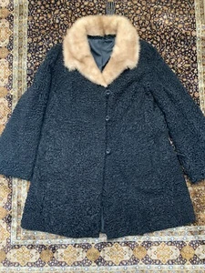 Vtg Astrakhan Overcoat Black Fur Collar Womens S/M - Picture 1 of 19