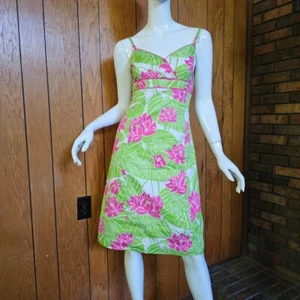 Vintage 90s Lilly Pulitzer Tropical Frog Pink Lime Novelty Preppy Sun Dress M - Picture 1 of 8