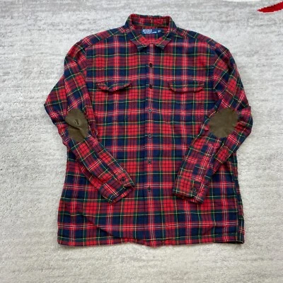 VTG Polo Ralph Lauren Ski Camp Flannel Shirt Large Red Pony Loop Leather Padded - Image 1 of 4