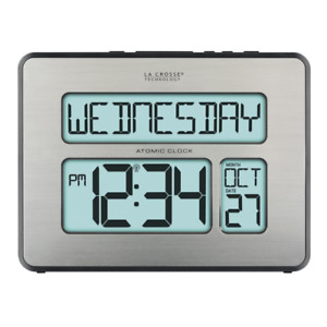 Atomic Full Calendar Brushed Silver Digital Clock with Extra Large Digits & Back