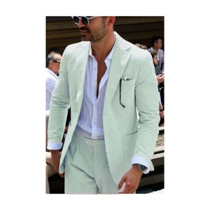 Men Seersucker Suit Green Summer Leisure Groom Tuxedo Wedding Casual Prom Party - Picture 1 of 11