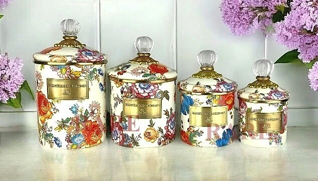 MacKenzie-Childs Flower Market White Multi Enamel Steel Medium Canister